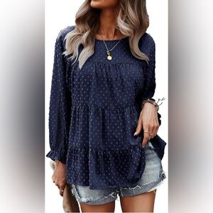 Pretty Garden Navy Ruffled Blouse with Sheer Sleeves